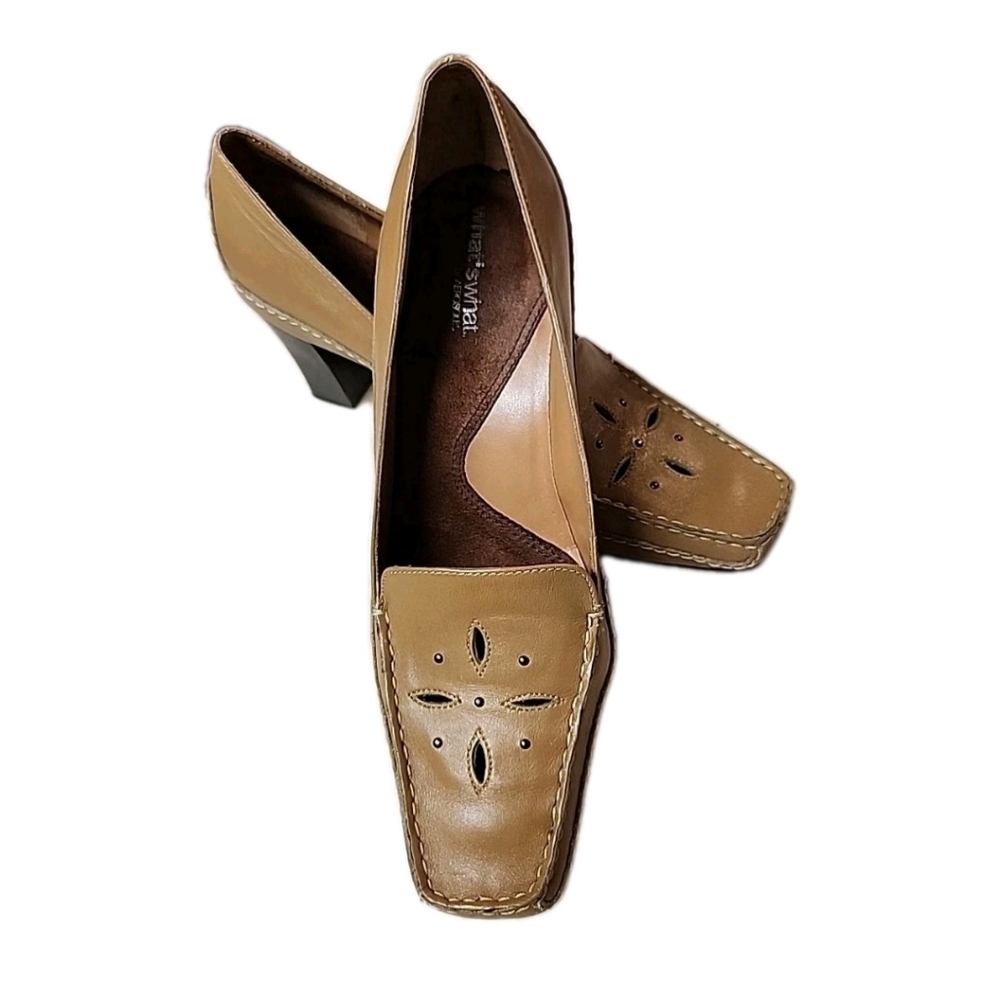Aerosoles What's What "Fly Catch" Tan Leather Square Toe Heels Womens Size 7.5